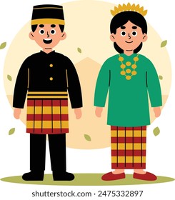 Illustration of a man and woman dressed in traditional Sulawesi Selatan clothing, showcasing the rich cultural heritage of Indonesia, South Sulawesi