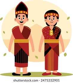Illustration of a man and woman dressed in traditional Sumatera Utara clothing, showcasing the rich cultural heritage of Indonesia, North Sumatra