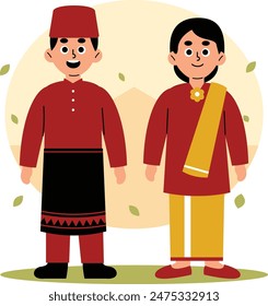 Illustration of a man and woman dressed in traditional Kepulauan Riau clothing, showcasing the rich cultural heritage of Indonesia, Riau islands