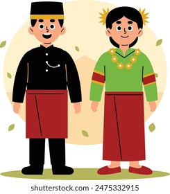 Illustration of a man and woman dressed in traditional Sulawesi Barat clothing, showcasing the rich cultural heritage of Indonesia, West Sulawesi