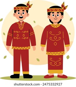 Illustration of a man and woman dressed in traditional Kalimantan Tengah clothing, showcasing the rich cultural heritage of Indonesia, Central Kalimantan Borneo