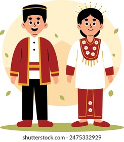 Illustration of a man and woman dressed in traditional Maluku Utara clothing, showcasing the rich cultural heritage of Indonesia, North Maluku