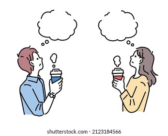 Illustration of a man and a woman drinking coffee.Take a rest, rest, holidays, mornings, thoughts, relaxation.
