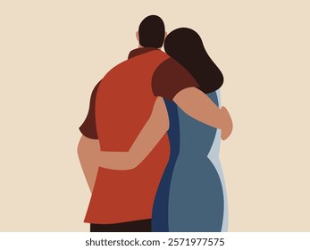 Illustration of a man and a woman embracing. Color contrast between their clothes. Vector.