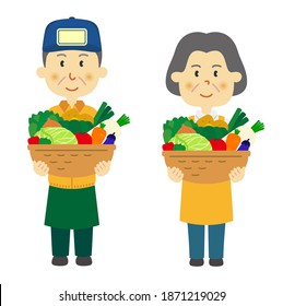 Illustration of a man and a woman in a greengrocer holding vegetables. White background vector data.