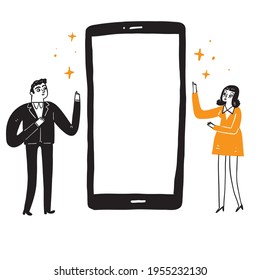 Illustration of man and woman to guide the screen of the smartphone, Hand drawn Vector Illustration doodle style