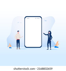 Illustration of man and woman to guide the screen of the smartphone, Hand drawn Vector Illustration doodle style. Smartphone with blank white screen with blank white screen. Mockup phone free to edit.