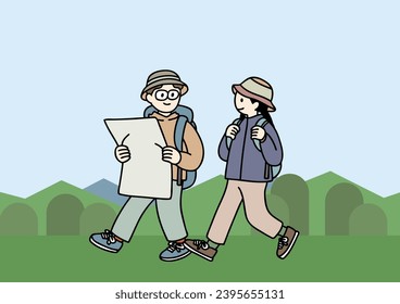 Illustration of a man and a woman hiking in nature