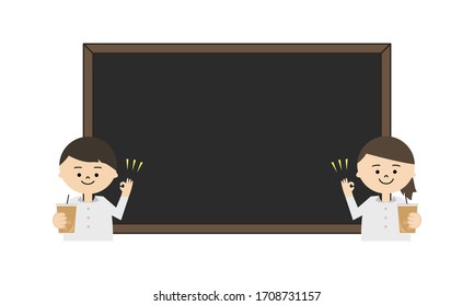 Illustration of man and woman holding coffee cup in front of blackboard. showing ok hand sign.