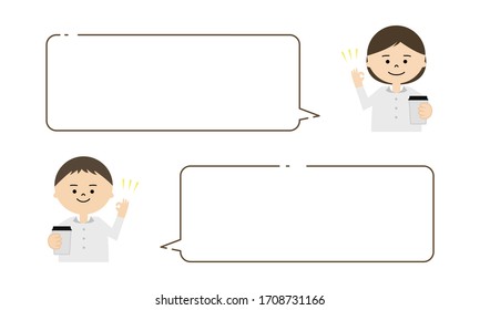 Illustration of man and woman holding coffee cup with speech bubble. showing ok sign