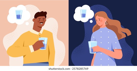 Illustration of a man and woman holding glasses of water, each with a thought bubble depicting water. Minimalist style on contrasting pastel and dark backgrounds. Vector illustration