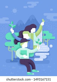 Illustration of Man and Woman Holding Plants with Trees and Nature. Youth Abstract Nature Lover