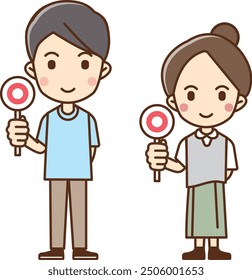 Illustration of a man and woman holding a tag with a circle symbol on it.