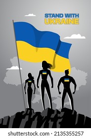 An illustration of a man and a woman holding Ukraine Flag with Ukraine map on background