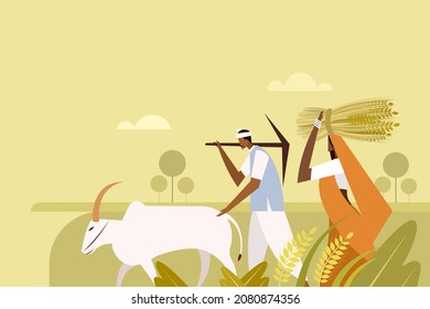 Illustration of a man and a woman of Indian ethnicity walking along with a bullock through the farm