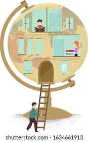 Illustration of Man and Woman Inside a Miniature Globe International School Building