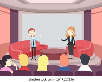 Illustration of a Man and Woman in an Interview in a Talk Show In Front of an Audience