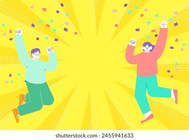 Illustration of a man and woman jumping and rejoicing amidst dancing confetti, radial sunburst background