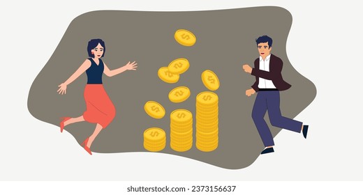 Illustration of man and woman jumping with a smile and money, Successful Teammates , Teamwork Vector , Young Business Persons got a lot of Money