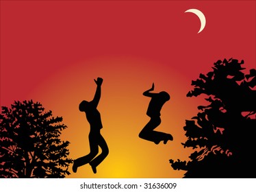 illustration with man and woman jumping at sunset