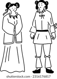 It is an illustration of an illustration of a man and a woman in the Kofun period (Yayoi period to Asuka period). It's a line drawing. Lines are extended. No white paint.