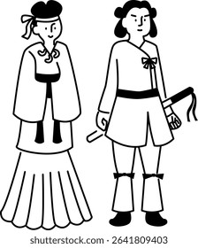 It is an illustration of an illustration of a man and a woman in the Kofun period (Yayoi period to Asuka period). It's a line drawing. No white paint.