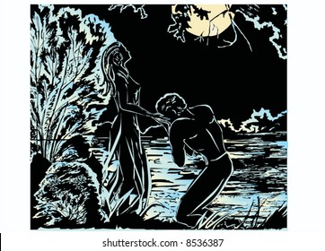 illustration with man and woman near river