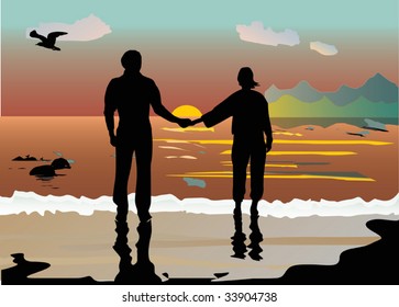 illustration with man and woman near sea