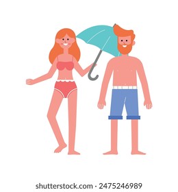 illustration of a man and woman on holiday at the beach, characters holding umbrellas, flat design style