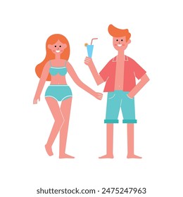 illustration of a man and woman on holiday at the beach, relaxed characters holding drinks, flat design style