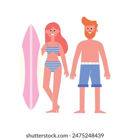 illustration of a man and woman on holiday at the beach, characters carrying surfboards, flat design style