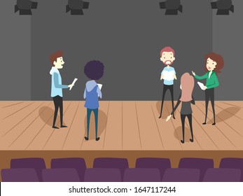 Illustration of Man and Woman on Stage Holding Script Reading their Lines During Rehearsal for the the Show