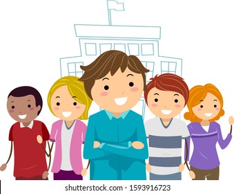 Illustration of Man and Woman Parents with School at the Back. School Leadership for Parent Teacher Group