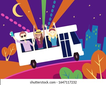 Illustration of Man and Woman In a Party and Riding a Bus with Disco Lights Riding Down the City