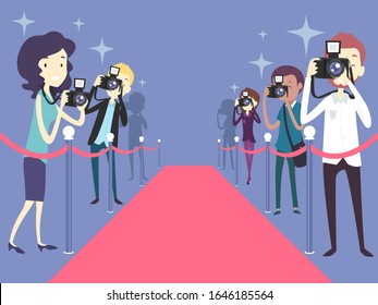 Illustration of Man and Woman Photographers Waiting Behind the Red Carpet