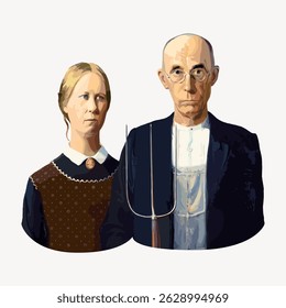 Illustration of a man and woman with a pitchfork, inspired by classic American art. They wear traditional clothing, with serious expressions, set against a plain background. Vintage character vector.