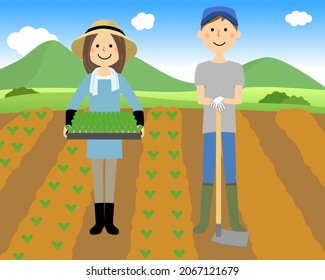 It is an illustration of a man and a woman planting seedlings in a field.