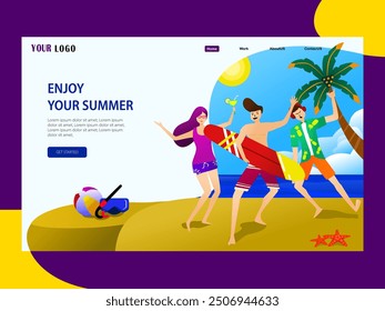 illustration of a man and woman playing enjoying summer on the beach in flat design. The idea is to create a flat design with some icons. This design is good for web layout, background, etc.