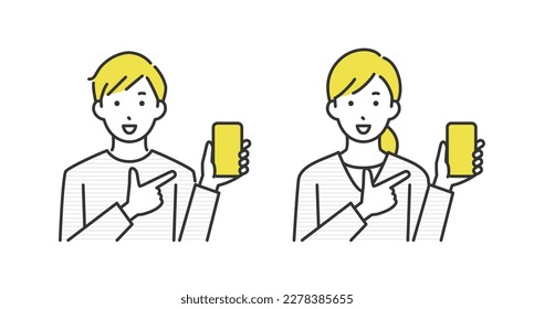 Illustration of a man and a woman pointing at a smartphone.