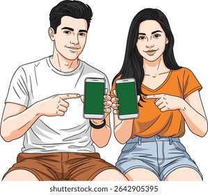 Illustration of a man and woman pointing at their smartphones, modern technology, vector design
