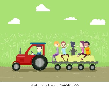 Illustration of Man and Woman Riding a Truck Wagon with Hay and Looking Around in the Farm