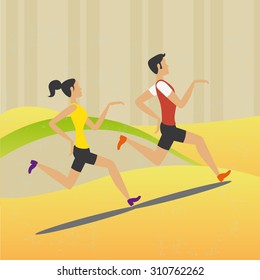 Illustration of man and woman running.