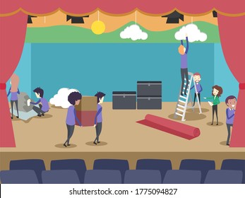 Illustration of Man and Woman Setting Up the Stage in Theater for a Play