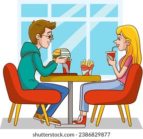 Ilustración de un hombre y una mujer sentados en un restaurante de comida rápida