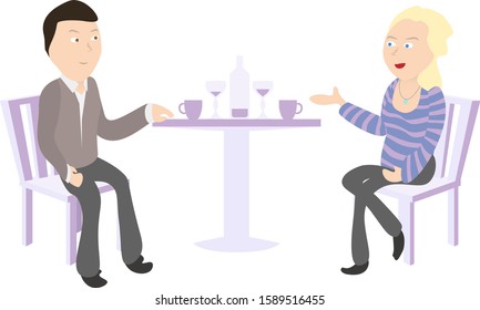 Illustration of a man and woman sitting at the table with bottle of wine, wine glasses and coffee cups. Easily editable. EPS 10.
