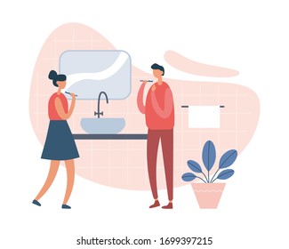 Ilustración de hombres y mujeres parados cerca del espejo y el lavabo y lavando dientes juntos durante la rutina diaria de cuidado oral en el baño. El procedimiento higiénico diario. Ilustración vectorial de caricatura plana