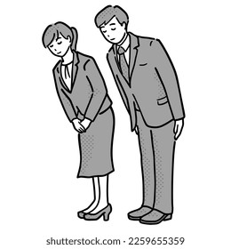 Illustration of man and woman in suit bowing business