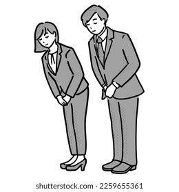 Illustration of man and woman in suit bowing business