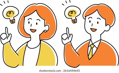 Illustration of man and woman in suit pointing fingers