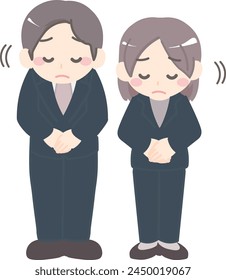 Illustration of a man and a woman in suits bowing and apologizing